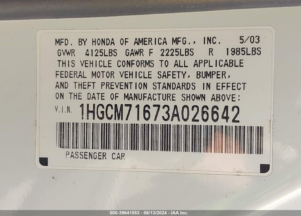 2003 HONDA ACCORD 2.4 EX VIN: 1HGCM71673A026642