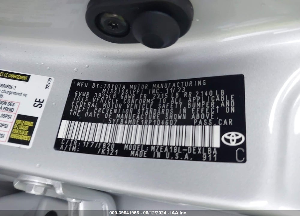 2024 TOYOTA COROLLA LE VIN: 5YFB4MDE1RP104607