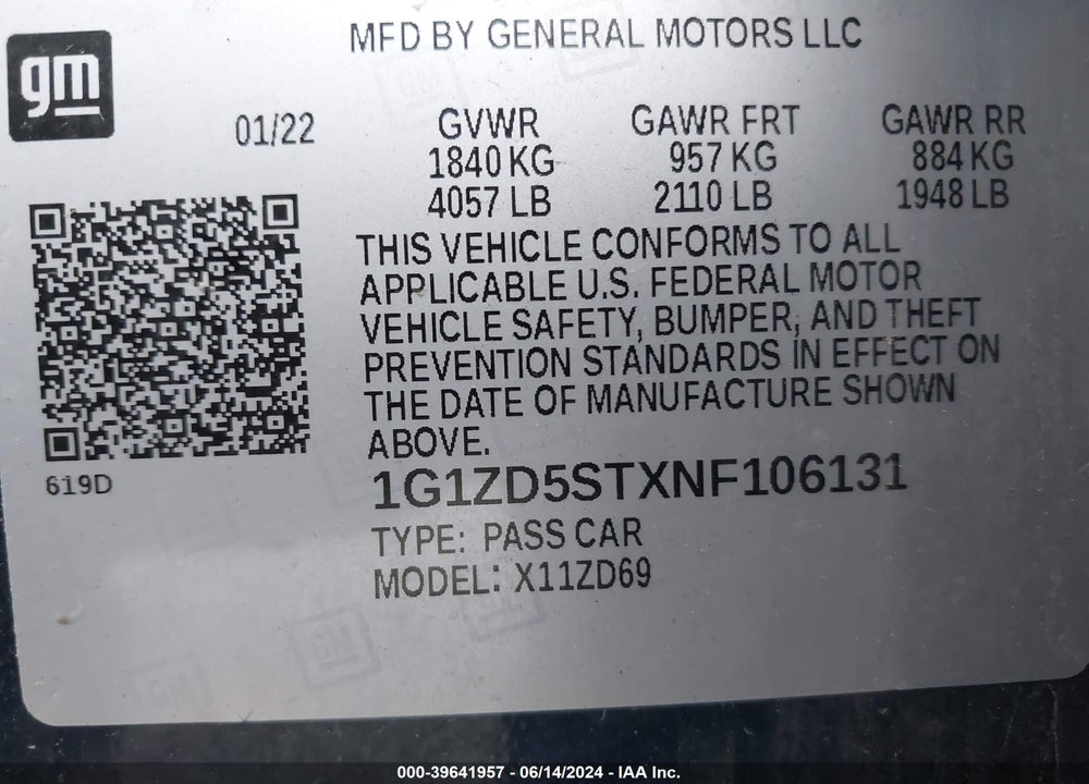 2022 CHEVROLET MALIBU FWD LT VIN: 1G1ZD5STXNF106131
