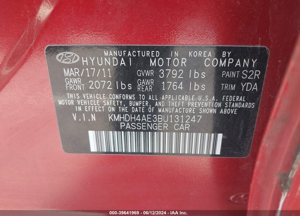 2011 HYUNDAI ELANTRA LIMITED (ULSAN PLANT) VIN: KMHDH4AE3BU131247