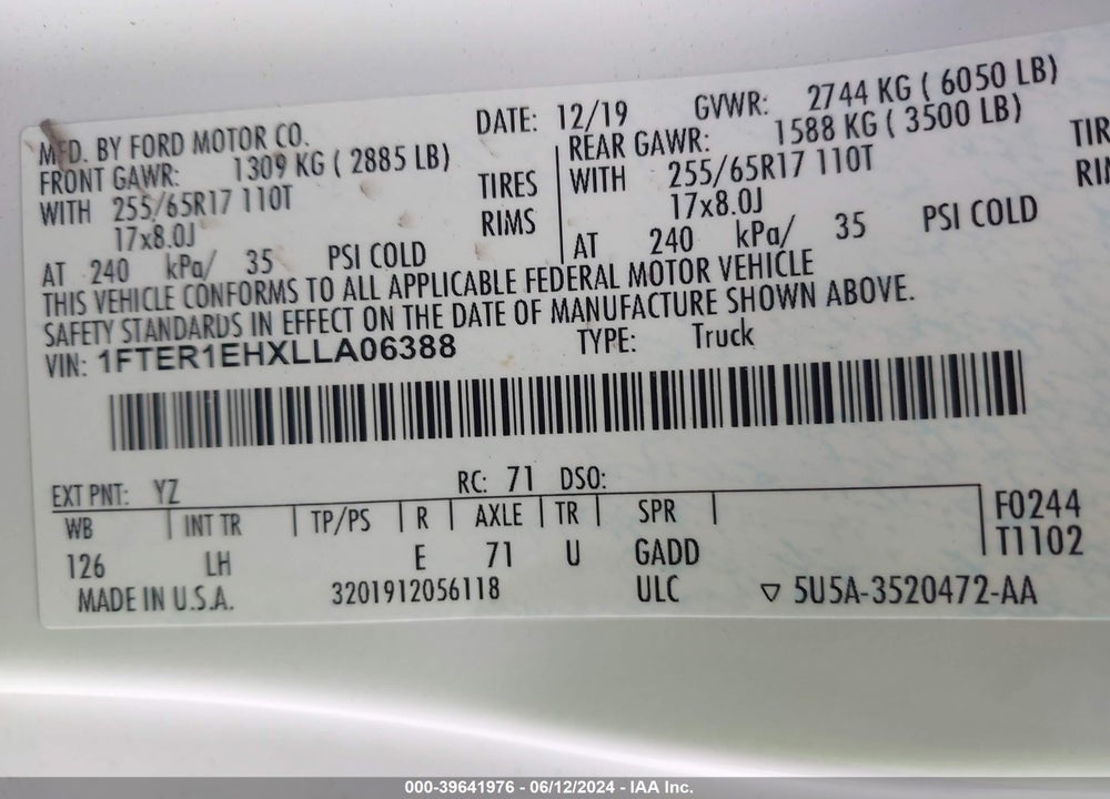 2020 FORD RANGER XL VIN: 1FTER1EHXLLA06388