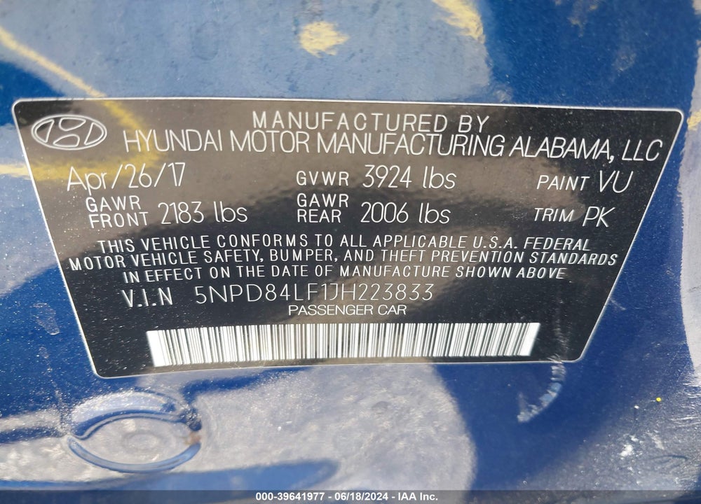 2018 HYUNDAI ELANTRA SEL VIN: 5NPD84LF1JH223833