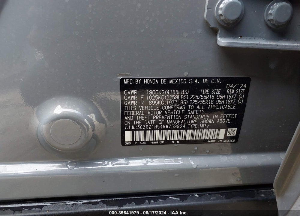 2024 HONDA HR-V 2WD SPORT/2WD SPORT W/O BSI VIN: 3CZRZ1H54RM759824
