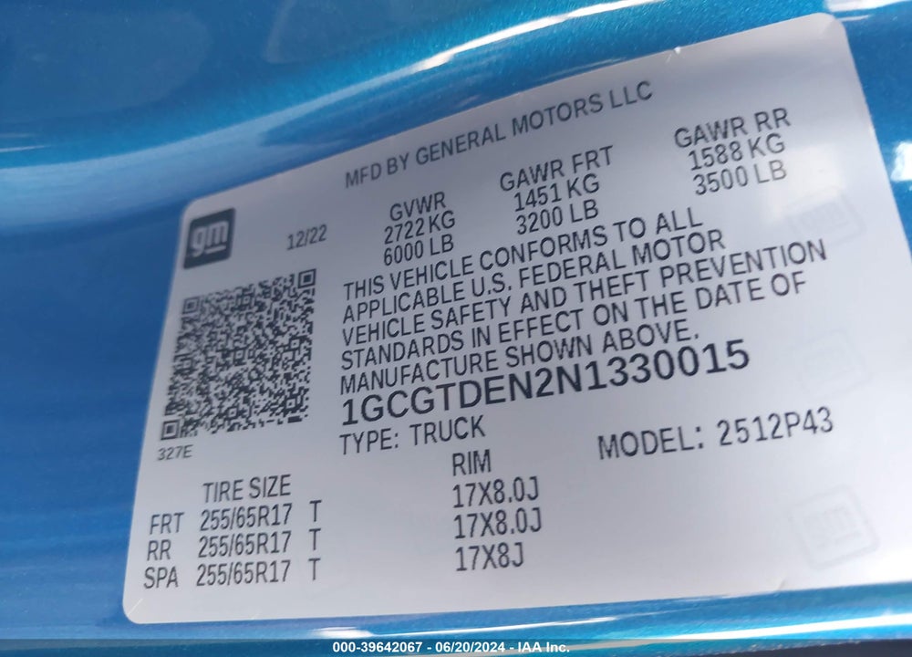 2022 CHEVROLET COLORADO 4WD SHORT BOX Z71 VIN: 1GCGTDEN2N1330015