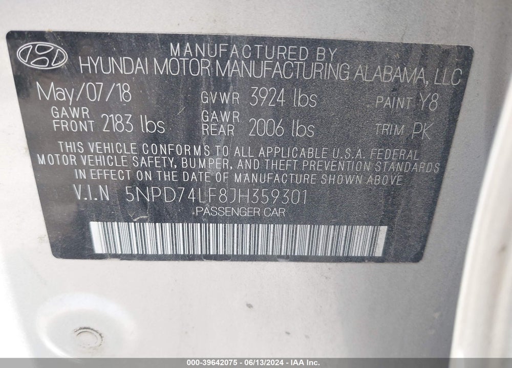 2018 HYUNDAI ELANTRA SE VIN: 5NPD74LF8JH359301