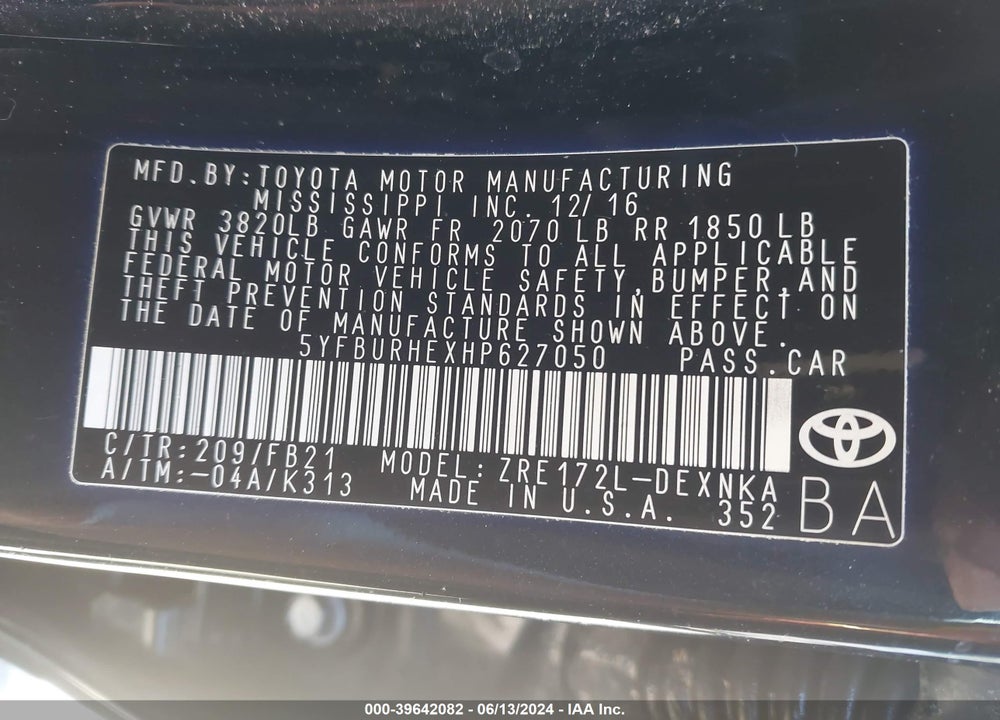 2017 TOYOTA COROLLA LE VIN: 5YFBURHEXHP627050