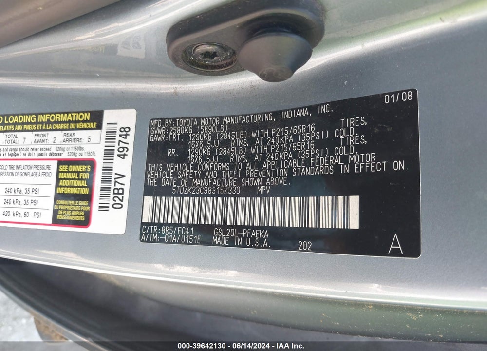 2008 TOYOTA SIENNA LE VIN: 5TDZK23C98S157330