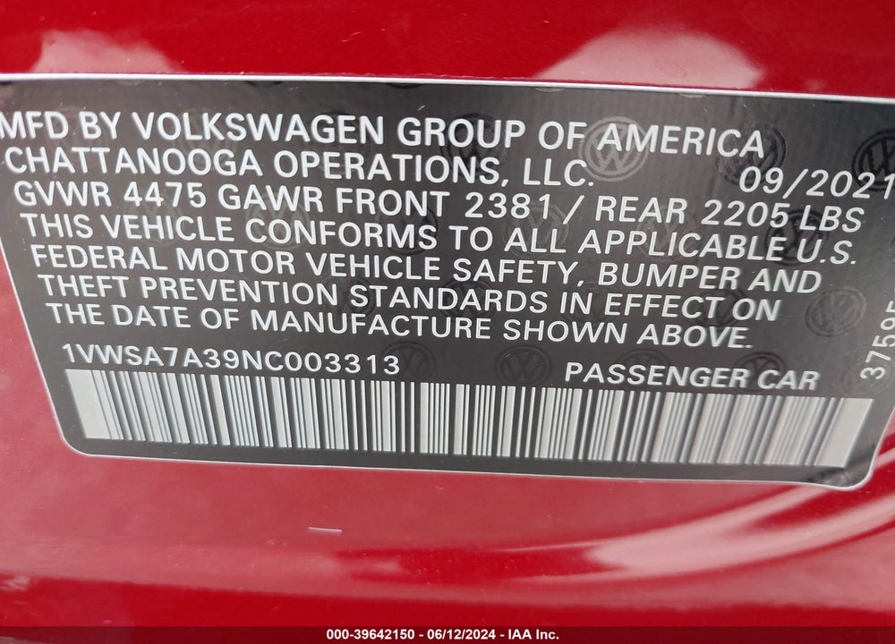 2022 VOLKSWAGEN PASSAT 2.0T SE VIN: 1VWSA7A39NC003313