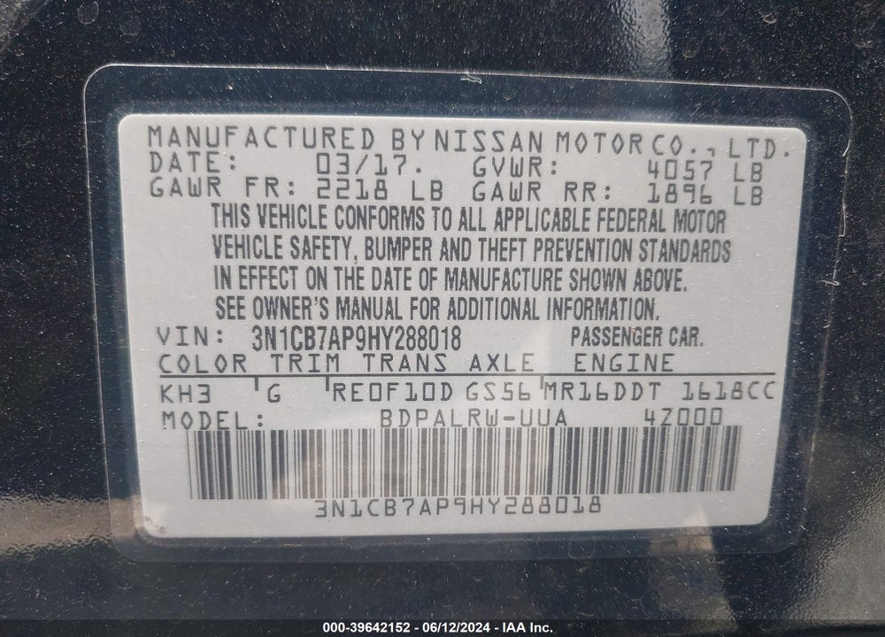 2017 NISSAN SENTRA VIN: 3N1CB7AP9HY288018