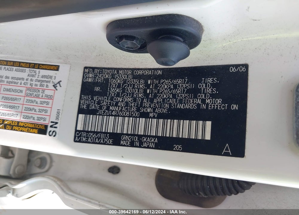2006 TOYOTA 4RUNNER SR5 SPORT V6 VIN: JTEZU14R760081500