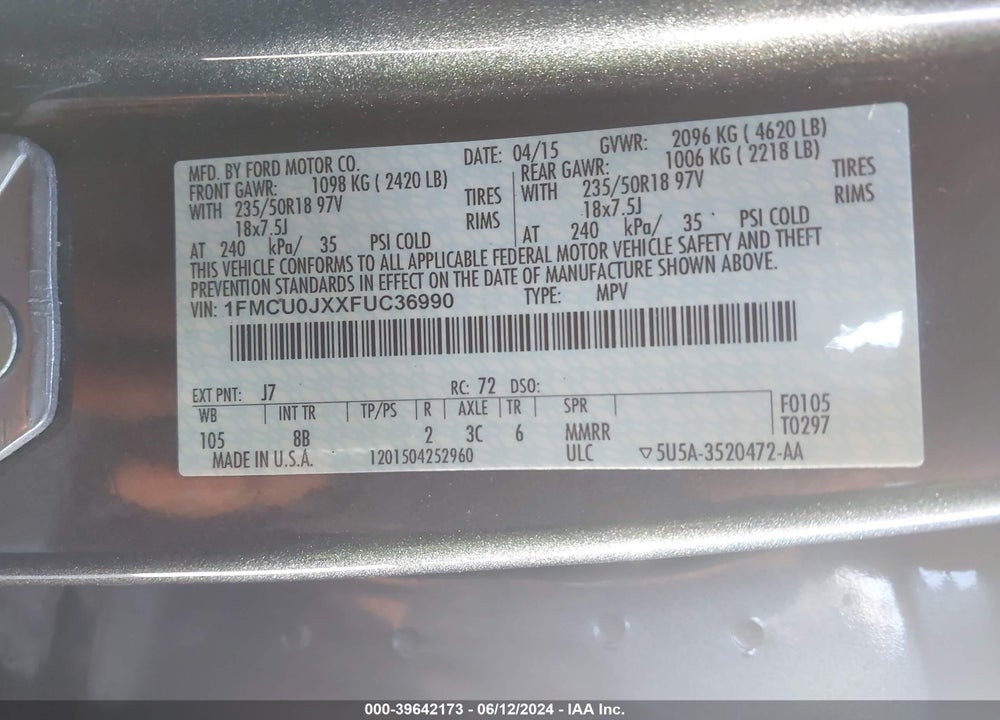 2015 FORD ESCAPE TITANIUM VIN: 1FMCU0JXXFUC36990