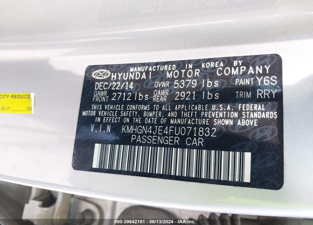 2015 HYUNDAI GENESIS 3.8 VIN: KMHGN4JE4FU071832