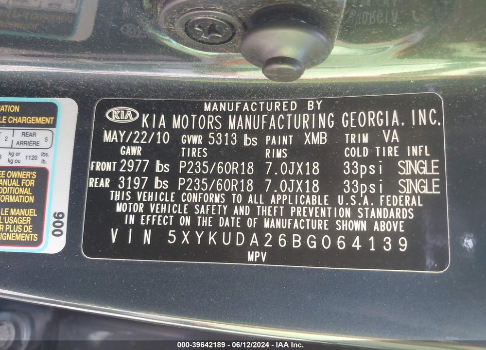 2011 KIA SORENTO EX V6 VIN: 5XYKUDA26BG064139