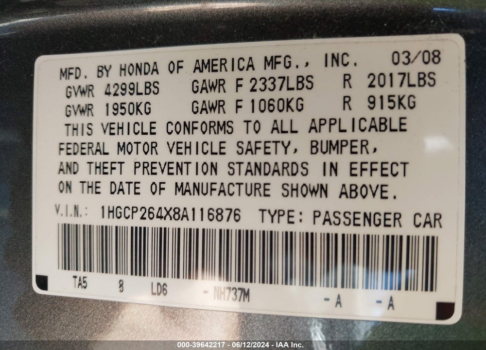 2008 HONDA ACCORD 2.4 LX-P VIN: 1HGCP264X8A116876