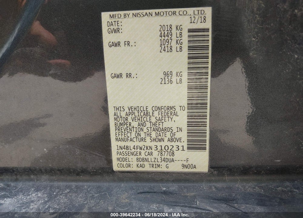 2019 NISSAN ALTIMA 2.5 PLATINUM VIN: 1N4BL4FW2KN310231
