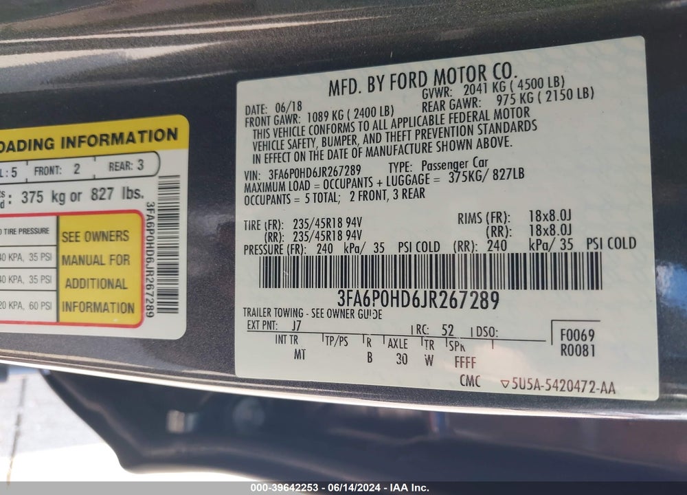 2018 FORD FUSION SE VIN: 3FA6P0HD6JR267289