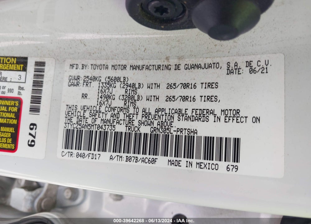 2021 TOYOTA TACOMA TRD OFF ROAD VIN: 3TYCZ5AN5MT043735