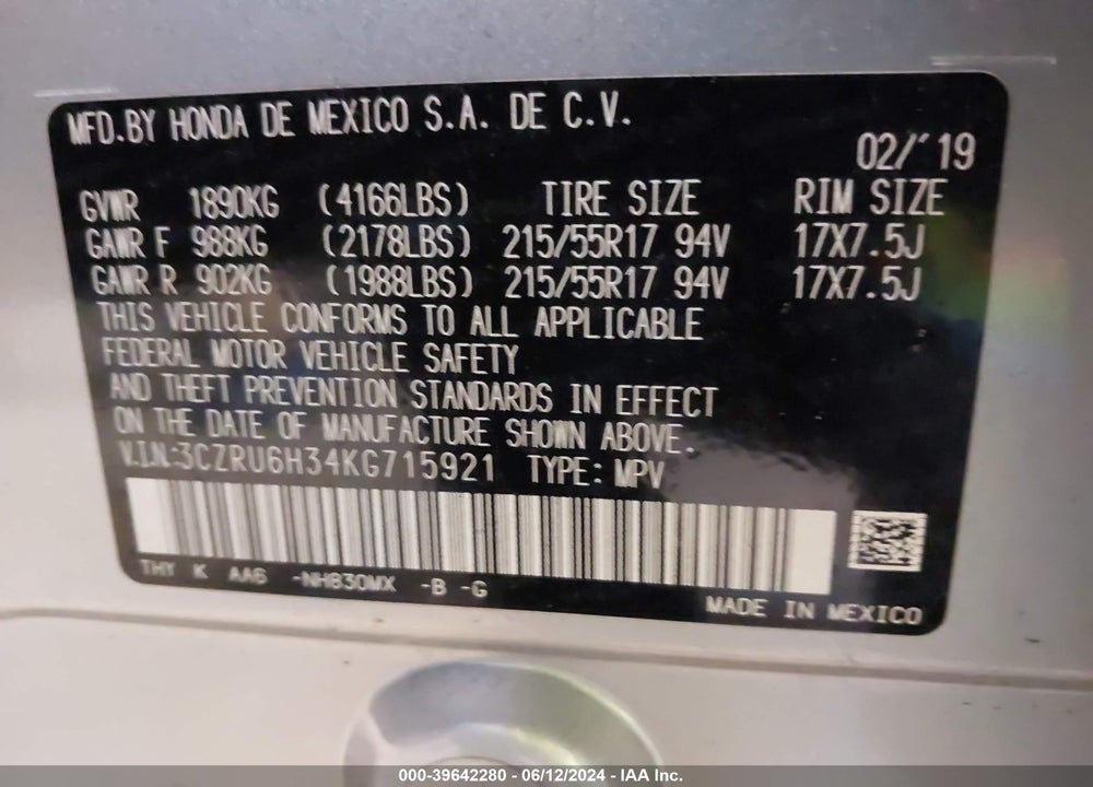 2019 HONDA HR-V LX VIN: 3CZRU6H34KG715921