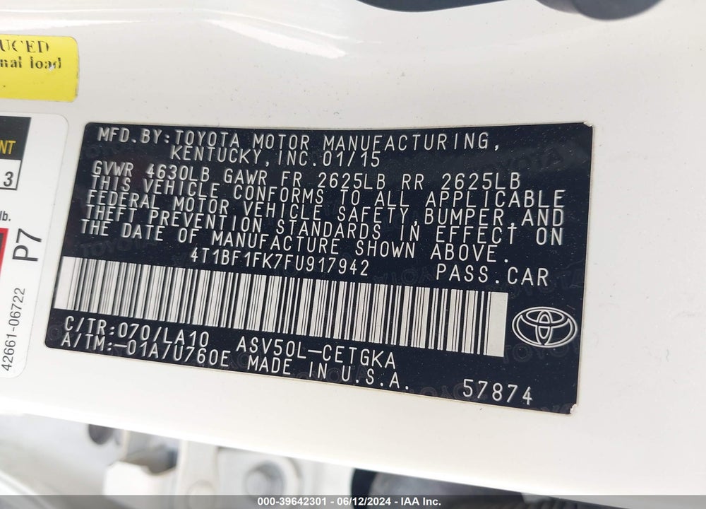 2015 TOYOTA CAMRY VIN: 4T1BF1FK7FU917942