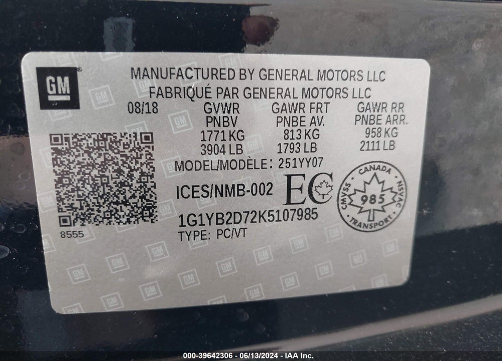 2019 CHEVROLET CORVETTE STINGRAY VIN: 1G1YB2D72K5107985