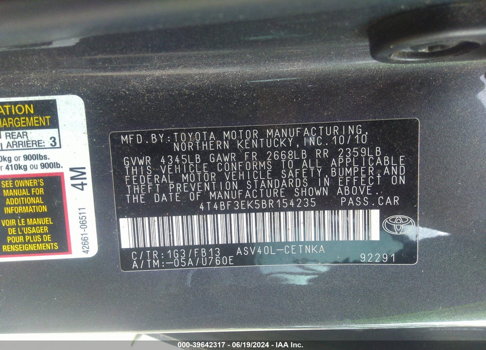2011 TOYOTA CAMRY LE VIN: 4T4BF3EK5BR154235