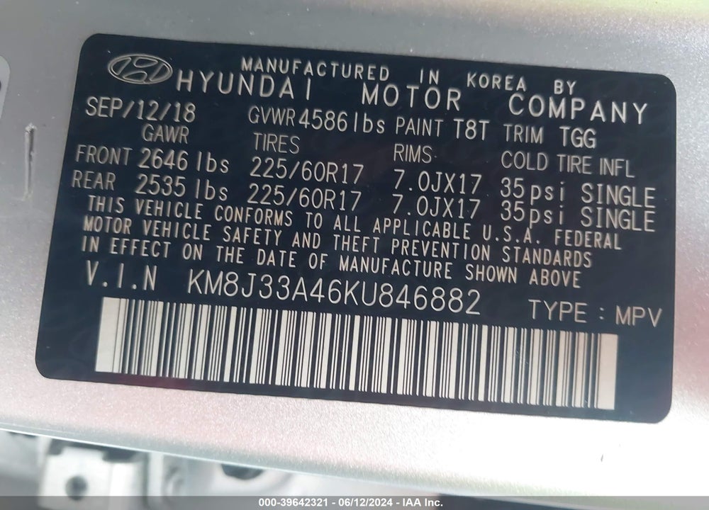2019 HYUNDAI TUCSON VALUE VIN: KM8J33A46KU846882