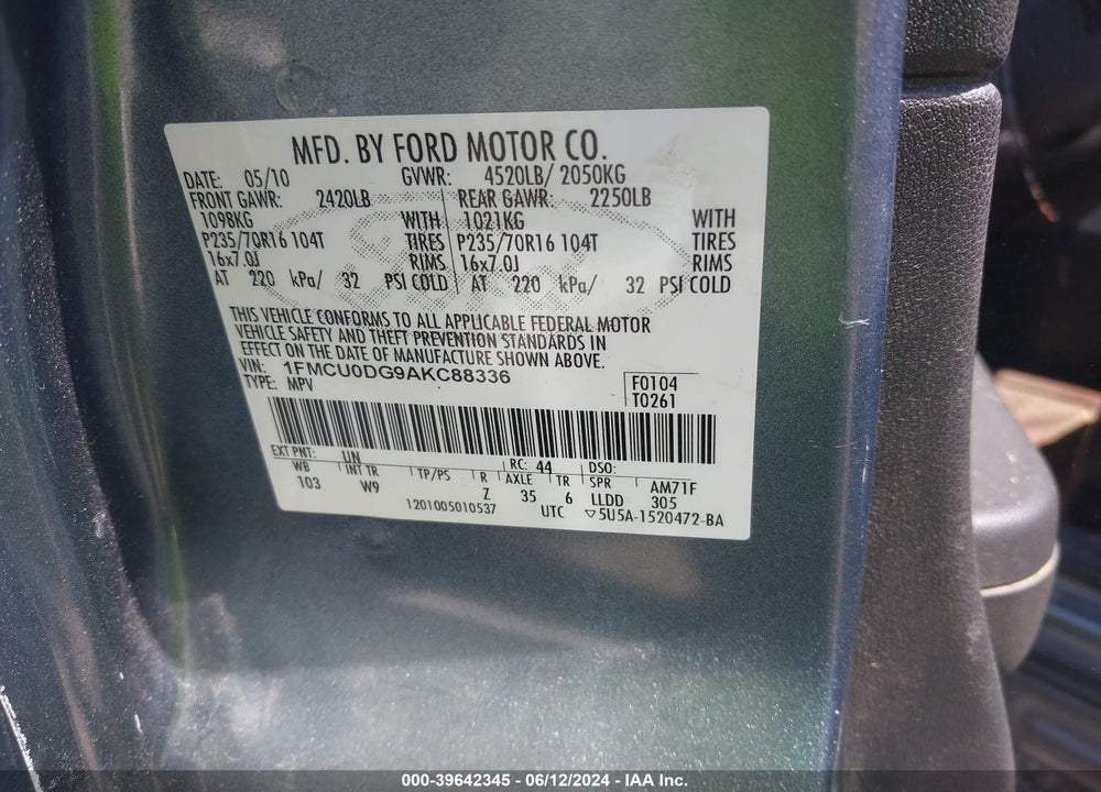 2010 FORD ESCAPE XLT VIN: 1FMCU0DG9AKC88336