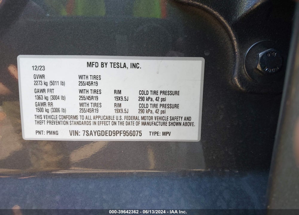 2023 TESLA MODEL Y RWD VIN: 7SAYGDED9PF956075