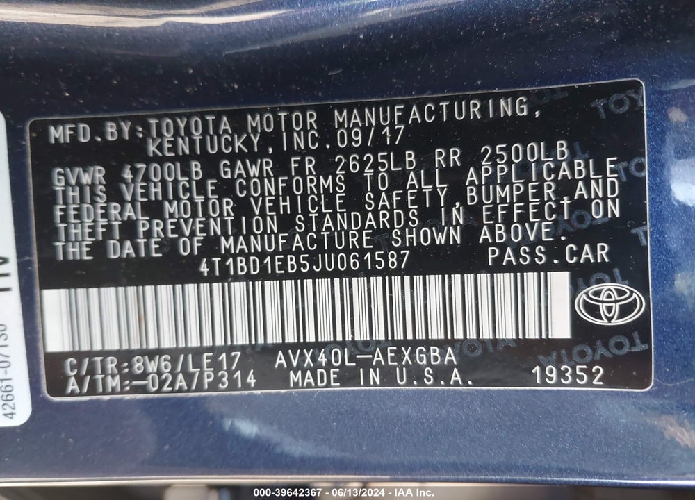 2018 TOYOTA AVALON HYBRID XLE PREMIUM VIN: 4T1BD1EB5JU061587