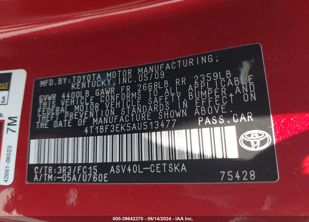 2010 TOYOTA CAMRY SE VIN: 4T1BF3EK5AU513477
