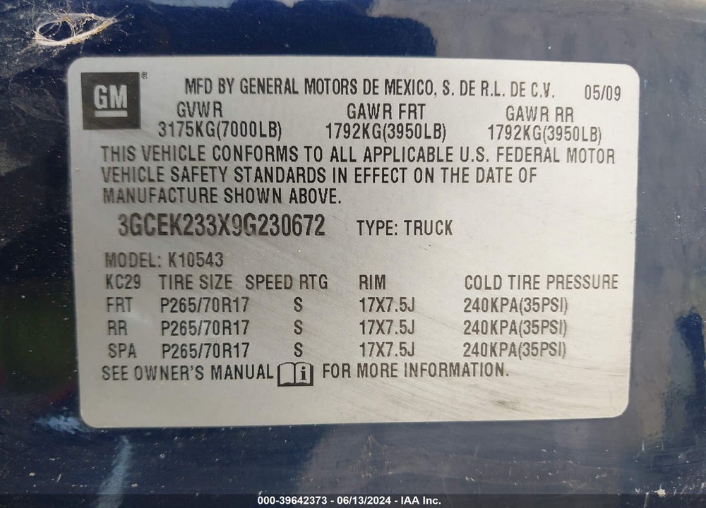 2009 CHEVROLET SILVERADO 1500 LT VIN: 3GCEK233X9G230672