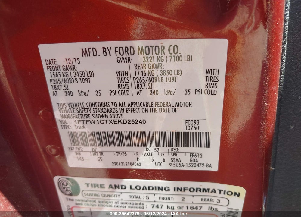 2014 FORD F-150 XLT VIN: 1FTFW1CTXEKD25240