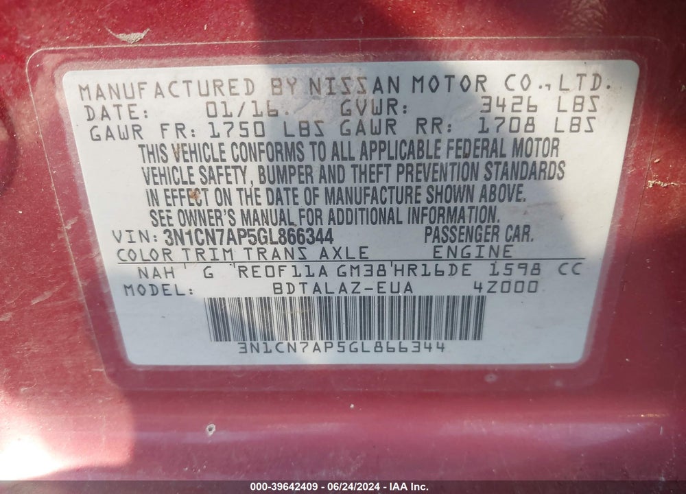 2016 NISSAN VERSA 1.6 S+ VIN: 3N1CN7AP5GL866344