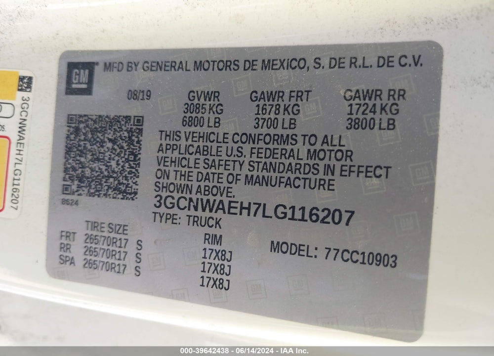 2020 CHEVROLET SILVERADO 1500 2WD REGULAR CAB LONG BED WT VIN: 3GCNWAEH7LG116207