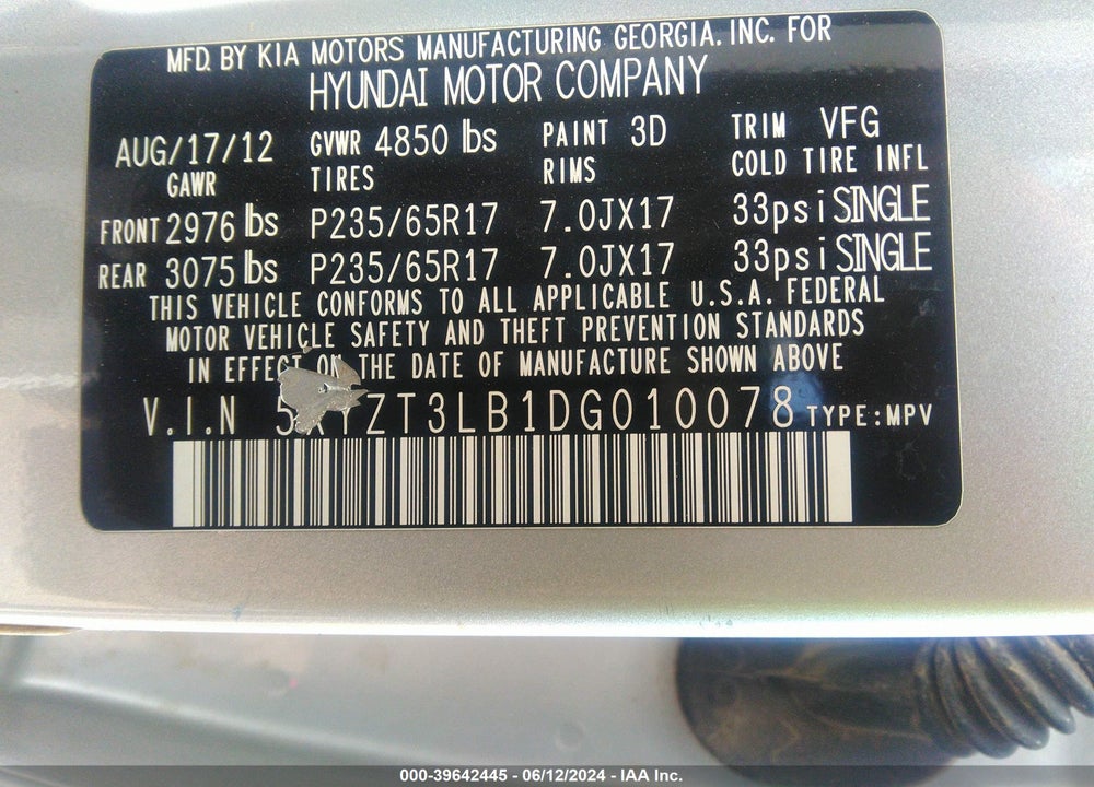 2013 HYUNDAI SANTA FE SPORT VIN: 5XYZT3LB1DG010078