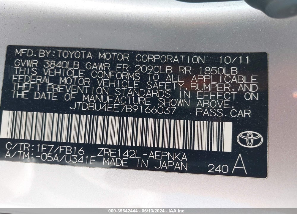 2011 TOYOTA COROLLA LE VIN: JTDBU4EE7B9166037