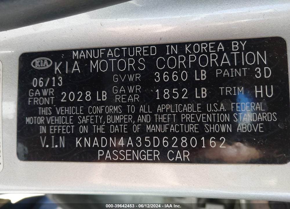 2013 KIA RIO EX VIN: KNADN4A35D6280162