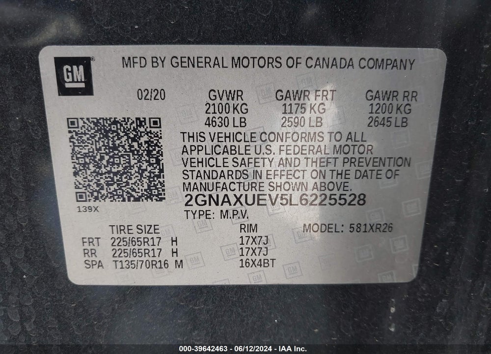 2020 CHEVROLET EQUINOX AWD LT 1.5L TURBO VIN: 2GNAXUEV5L6225528