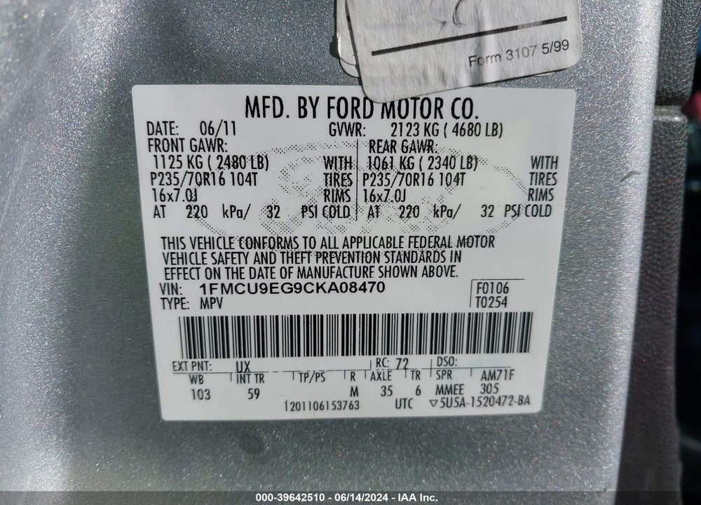 2012 FORD ESCAPE LIMITED VIN: 1FMCU9EG9CKA08470