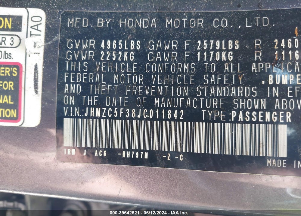2018 HONDA CLARITY PLUG-IN HYBRID TOURING VIN: JHMZC5F38JC011842