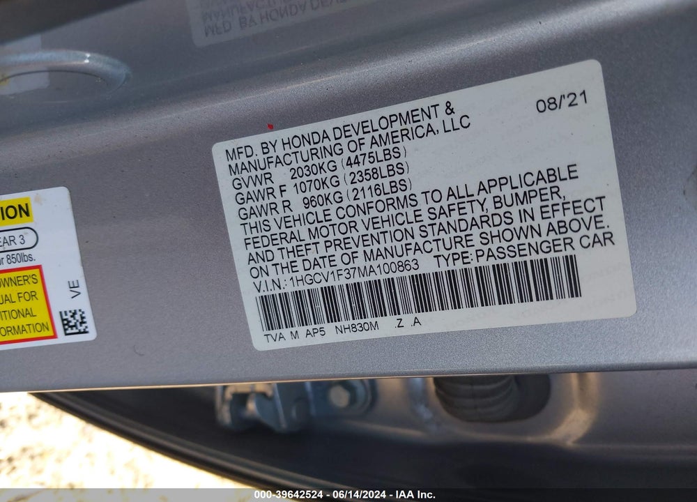 2021 HONDA ACCORD SPORT VIN: 1HGCV1F37MA100863