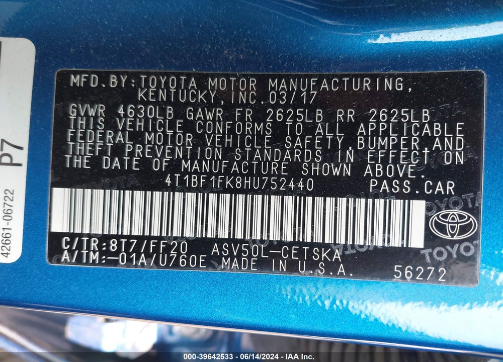 2017 TOYOTA CAMRY SE VIN: 4T1BF1FK8HU752440