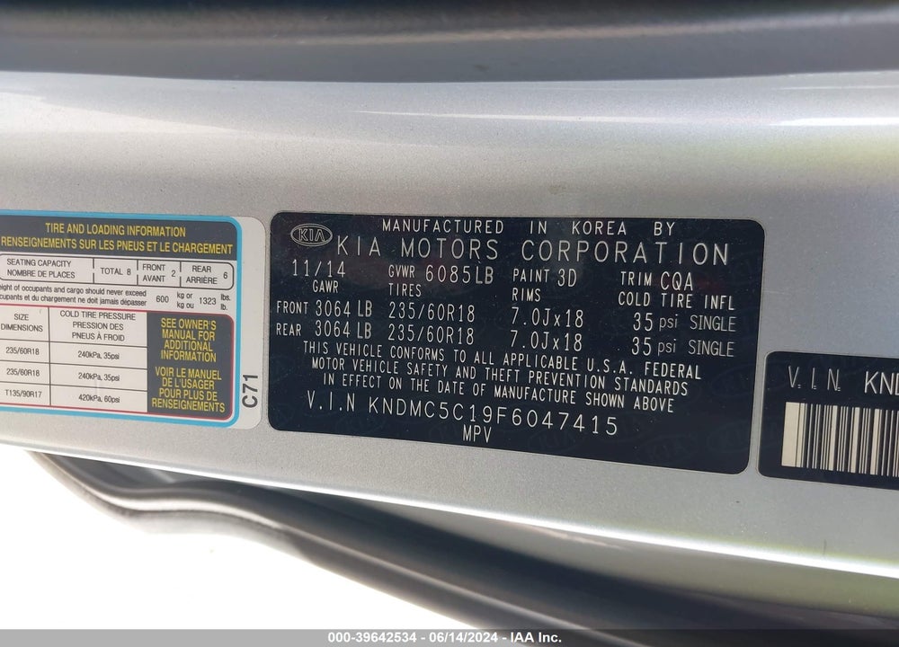 2015 KIA SEDONA EX VIN: KNDMC5C19F6047415