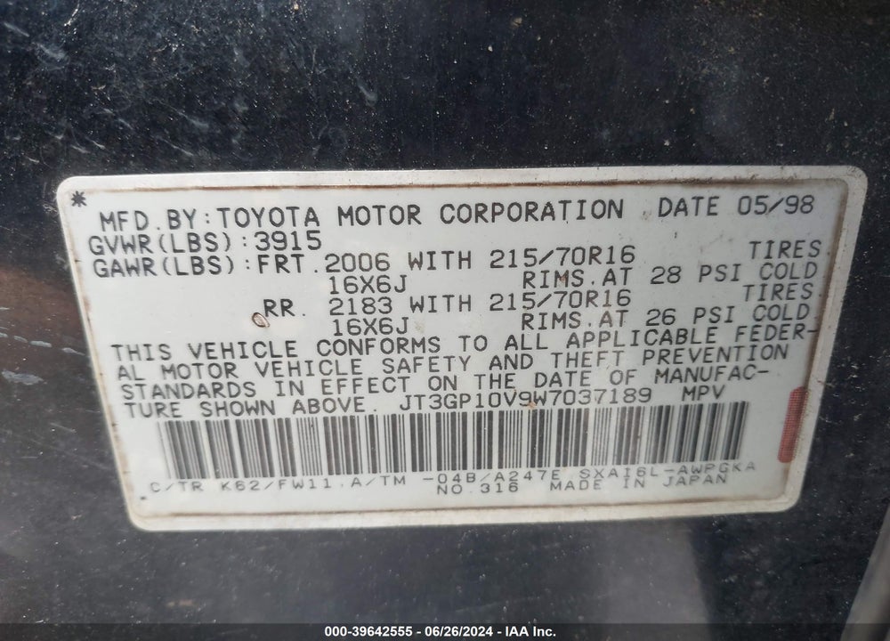 1998 TOYOTA RAV4 VIN: JT3GP10V9W7037189