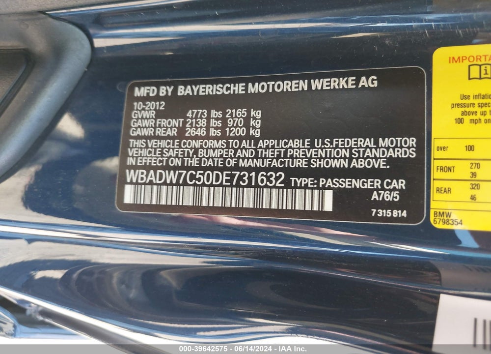 2013 BMW 328I VIN: WBADW7C50DE731632