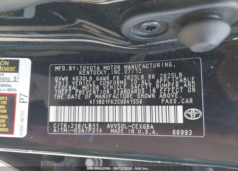 2012 TOYOTA CAMRY HYBRID XLE VIN: 4T1BD1FK2CU041556