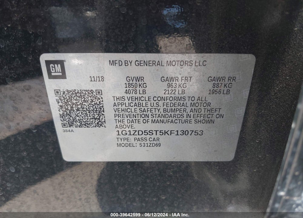 2019 CHEVROLET MALIBU LT VIN: 1G1ZD5ST5KF130753