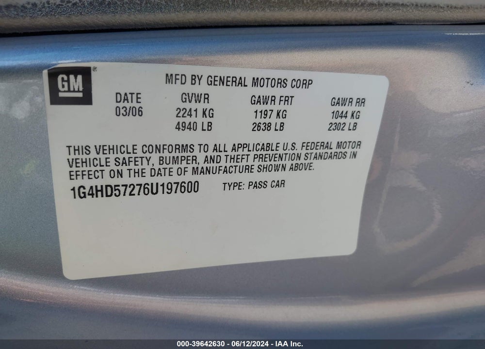 2006 BUICK LUCERNE CXL VIN: 1G4HD57276U197600