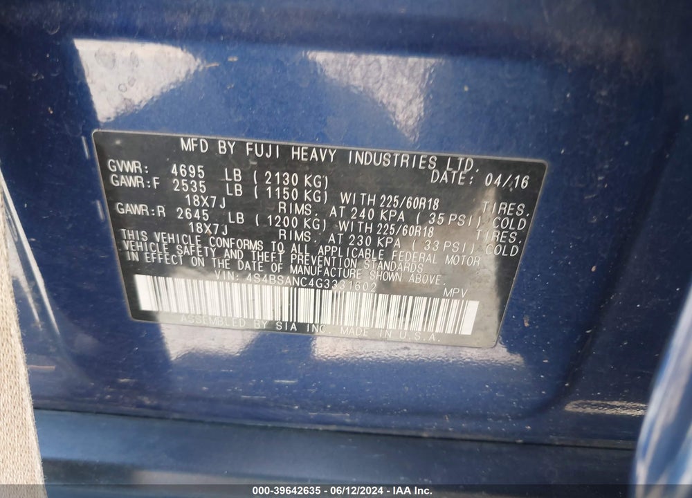 2016 SUBARU OUTBACK 2.5I LIMITED VIN: 4S4BSANC4G3331602
