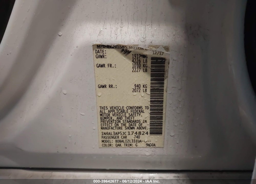 2018 NISSAN ALTIMA 2.5 SV VIN: 1N4AL3AP5JC174824